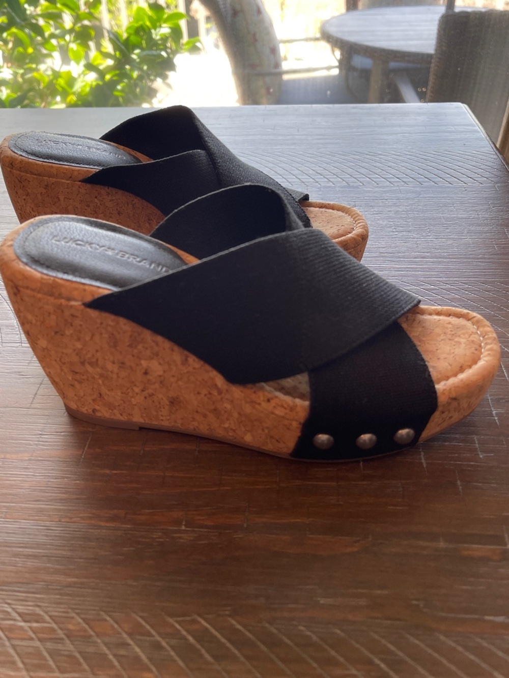 Lucky Brand Black Crisscross Cork Wedge Sandals